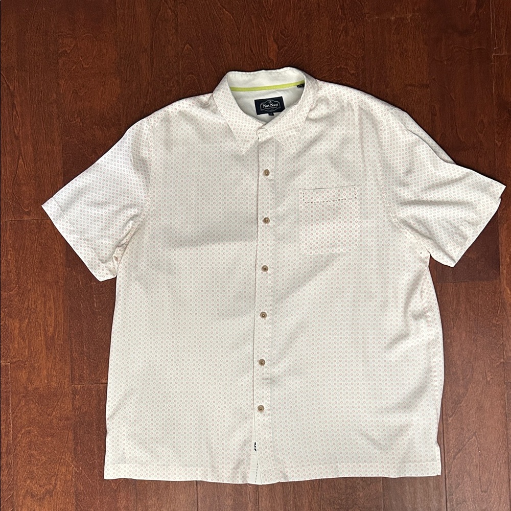 Nat Nast 100% Silk Cream Short-Sleeve Button-Down with Circle Print, Size XL